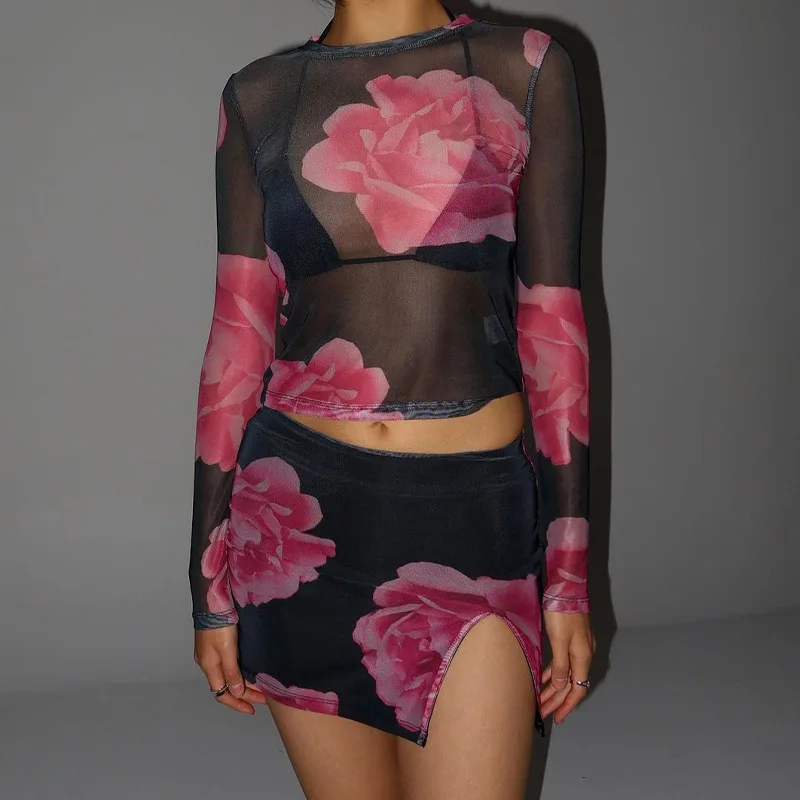 

Sexy Mesh Sheer Floral Print Two Piece Sets See Through Long Sleeve Crop Top Skirt Slit Co-ords Set Bodycon Outfits Streetwear