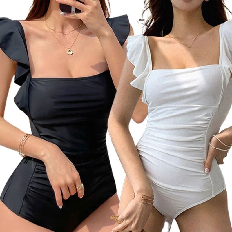 

One Piece Swimwear Nice Solid Color Bathing Suit Sexy Lace Up Swimsuit Backless Ruffle Bikini for Vacation Beach Surfing