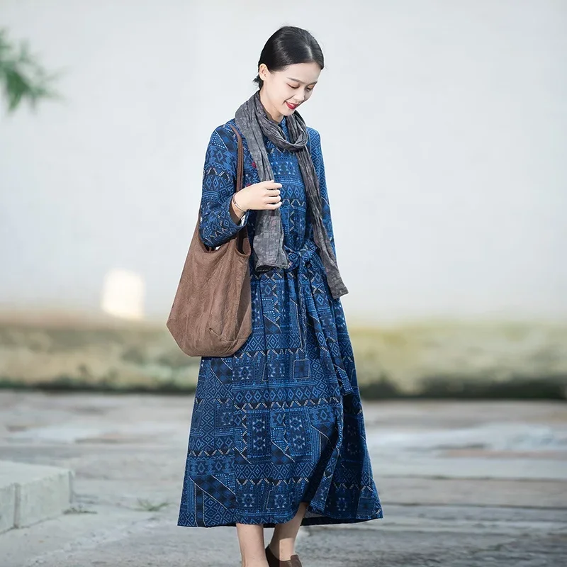 Женское платье в этническом стиле осенне-зимнее платье-Ципао из хлопка и льна с