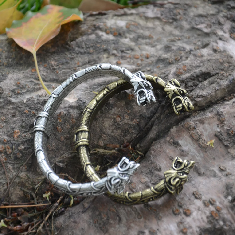 10Pcs Wholesale Retro Teen Wolf Head Norse Vikings Metal Cuff Bracelets Bangles Punk Jewelry Viking Bracelet Men