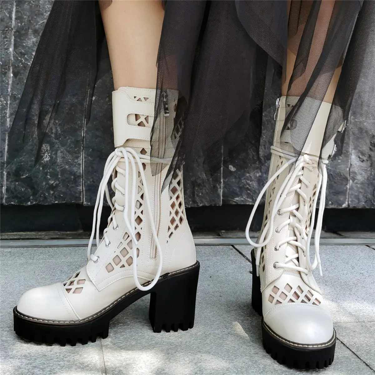 Lace Up Gladiator Sandals Women Hollow Genuine Leather High Heel Ankle Boots Female Summer Round Toe Platform Pumps Casual Shoes