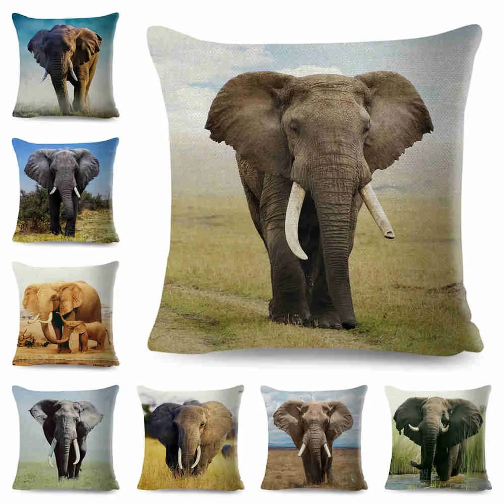 

Linen African Elephant Cushion Cover For Car Sofa Home Decor Wild Animal Pattern Print Linen Pillow Case 45x45cm Funda Cojin