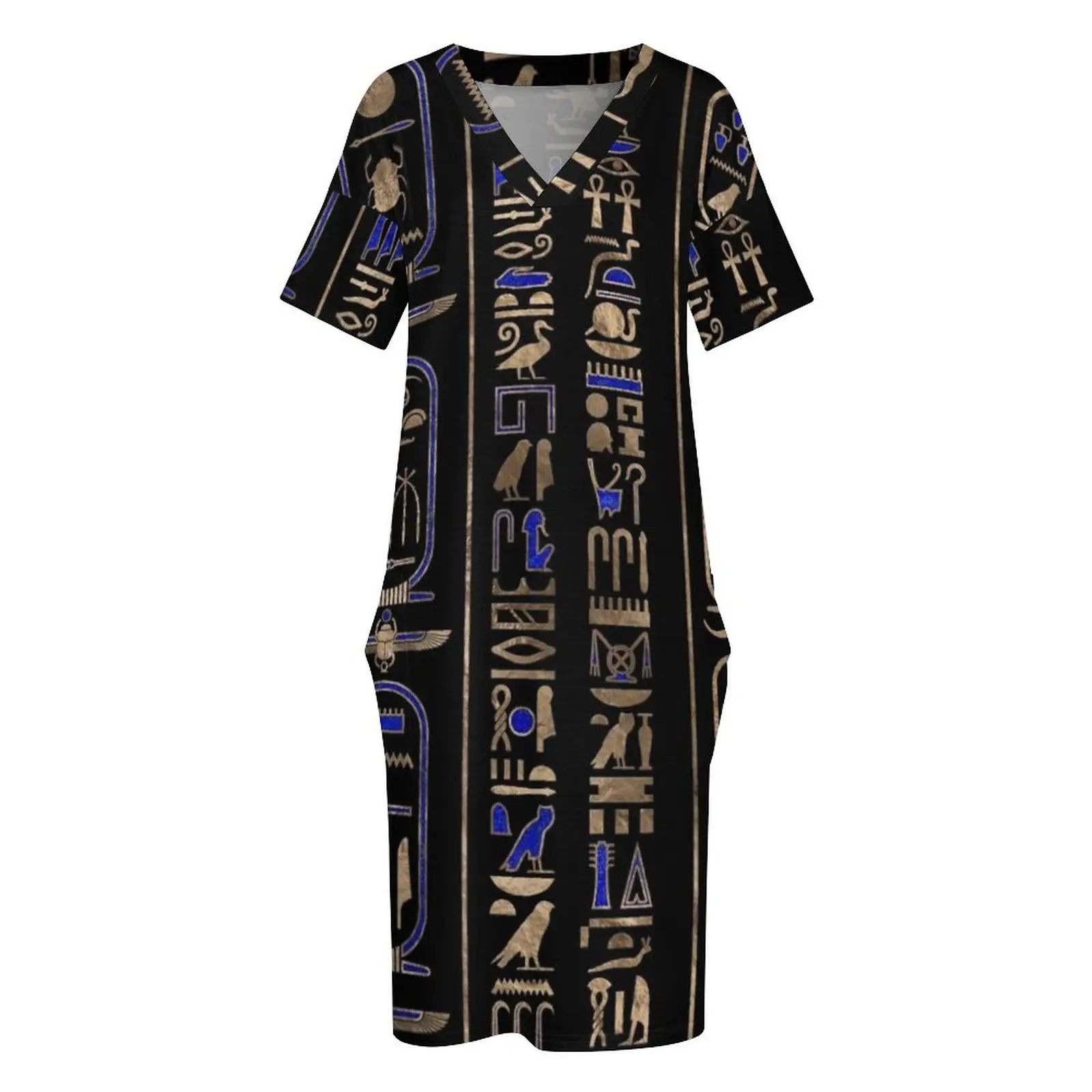 Египетское платье #2 с рисунком хироглифов золотистого лазурита свободное