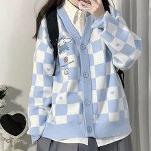 y2k knitted women's cardigan sweater card cute cartoon embroidery Japanese Jk uniform checkerboard spring and autumn coat