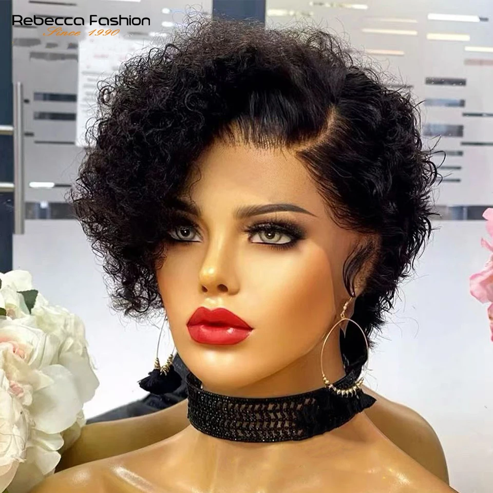 

Rebecca Short Bob Wig Pixie Cut Curly Human Hair Wigs For Women Lace Front Part Transparent Remy Lace Wig Preplucked Hairline