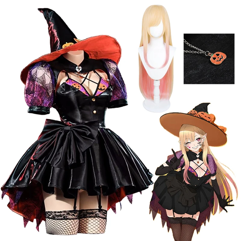 

Anime Kitagawa Marin Cosplay My Dress Up Darling Cosplay Costume Witch Dress Uniform Pumpkin Hat Wig Halloween Party Clothing
