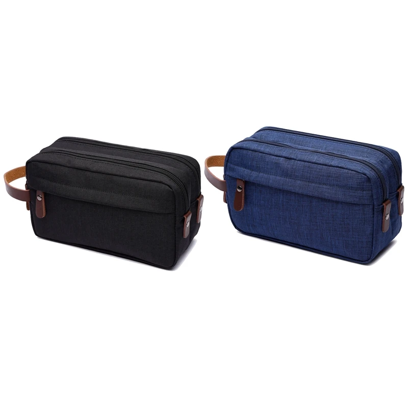 

Hot Kf-2X Black/Blue Casual Canvas Cosmetic Bag With Leather Handle Travel Men Wash Shaving Women Toiletry Storage Bag