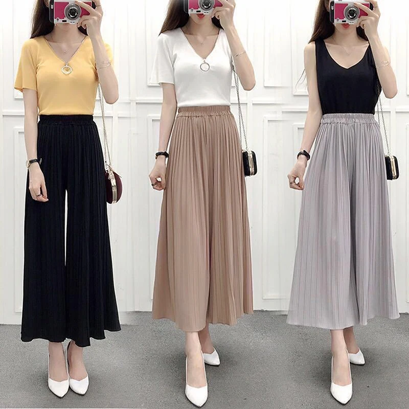 

Summer Wide Leg Pants For Women Casual Elastic High Waist 2021 New Fashion Loose Long Pleated Pant Trousers Femme