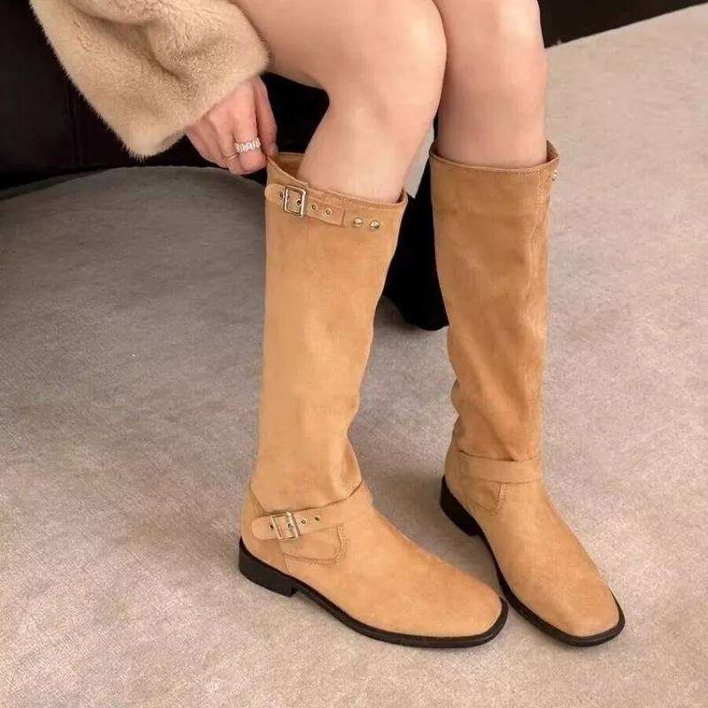 

Brand Women Shoes 2023 Autumn Winter Women's Boots Slim Was Thin Black High Boots Simple Mid-calf Boots Bota Camurca Cano Longo