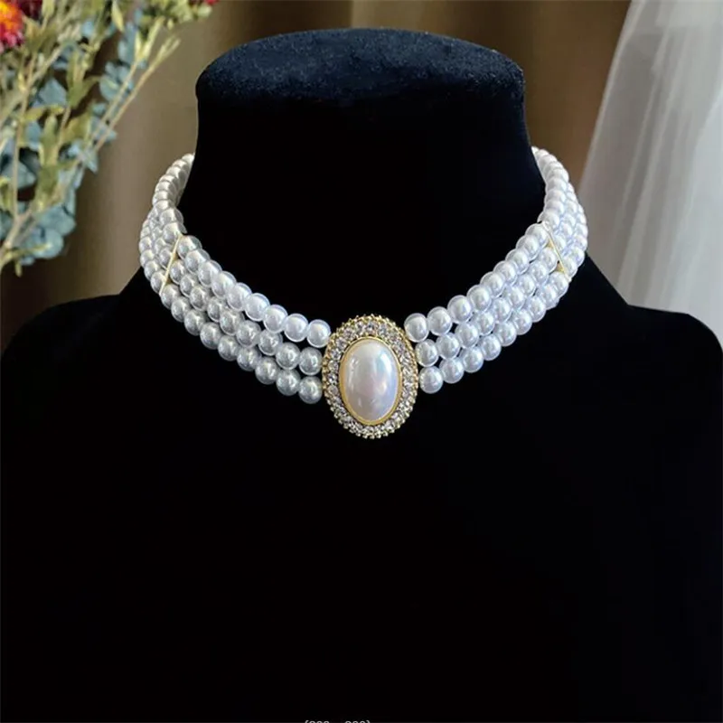 

3 Layer Pearl Rhinestone Choker Necklace For Women Wedding Party Pendant Luxury Clavicle Necklace Jewelry vintage Women Necklace