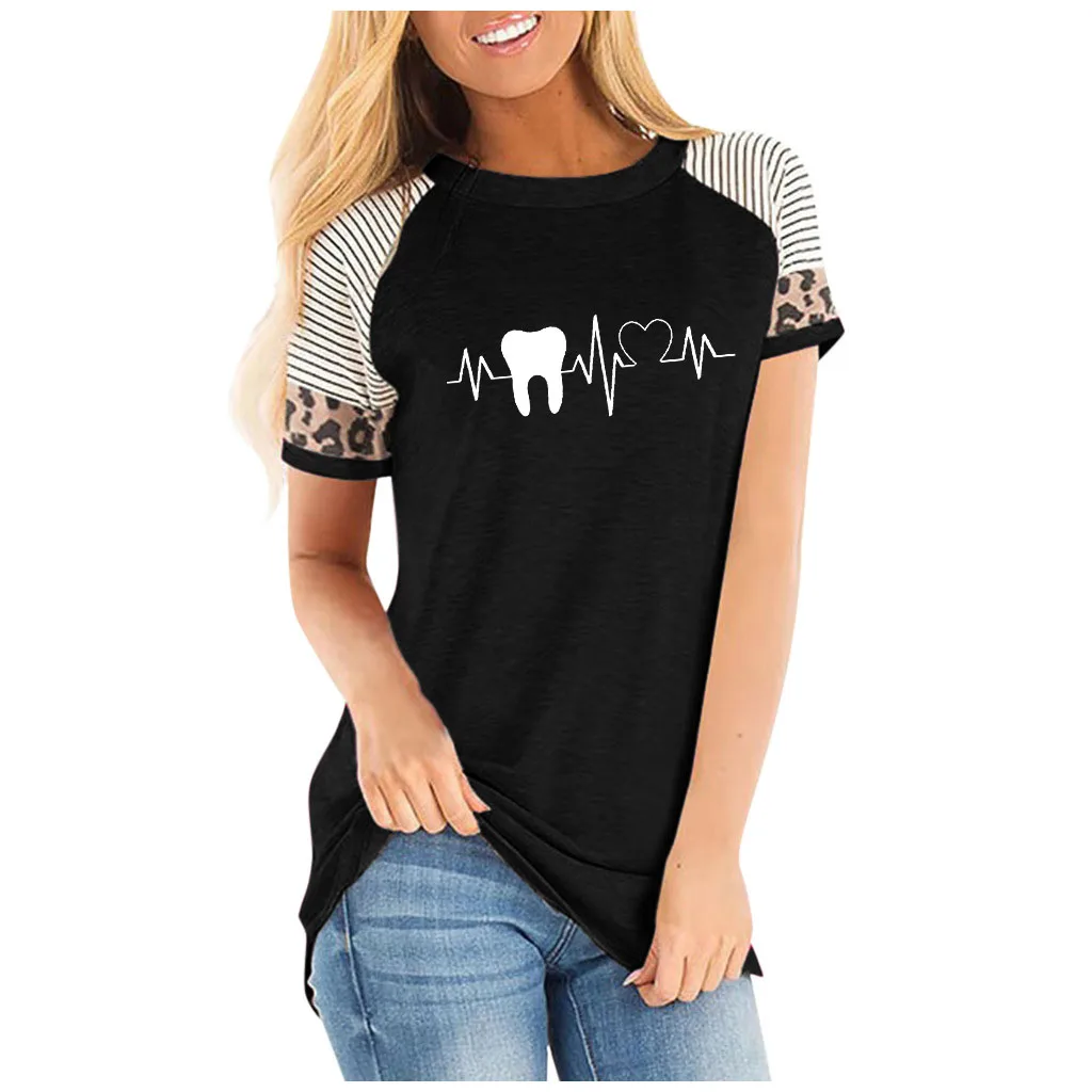 Женский полосатый Повседневный хлопковый смешной топ с коротким рукавом и