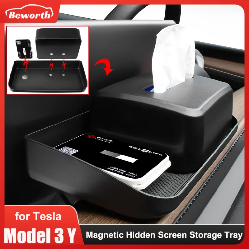 

for Tesla Model 3 Y Screen Rear Storage Tray ETC Magnetic Dashboard Hidden Tissue Box Central Control Car Organizer Accessories