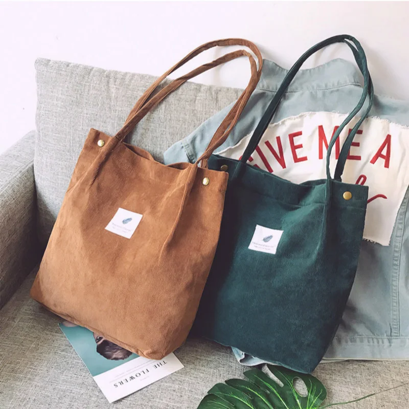 

Women Corduroy Shopping Bag Female Canvas Cloth Shoulder Bag Environmental Storage Handbag Reusable Foldable Eco Grocery Totes