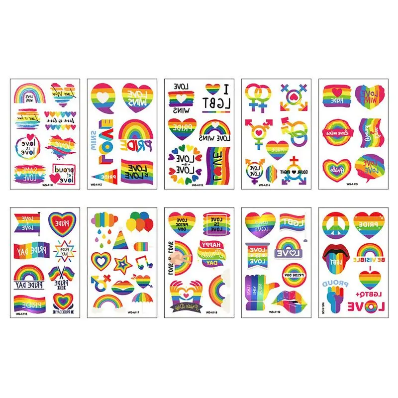 

10pcs Face Stickers Rainbow Temporary Waterproof Tattoos Gay Pride Day Rainbows Roses Flags Lips Love Hearts Tattoo Paper