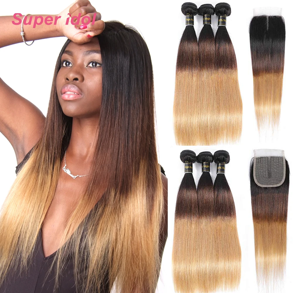 Ombre 3/4 Bundles With Closure Brazilian Straight Human Hair Bundles With T Lace Closure 1B/4/27 Remy Hair Weave Extensions