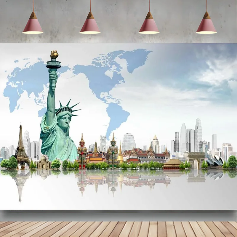 

Global Travel Backdrop Around The World Photography Background Worldwide Landmark Buildings New York Statue of Liberty Banner