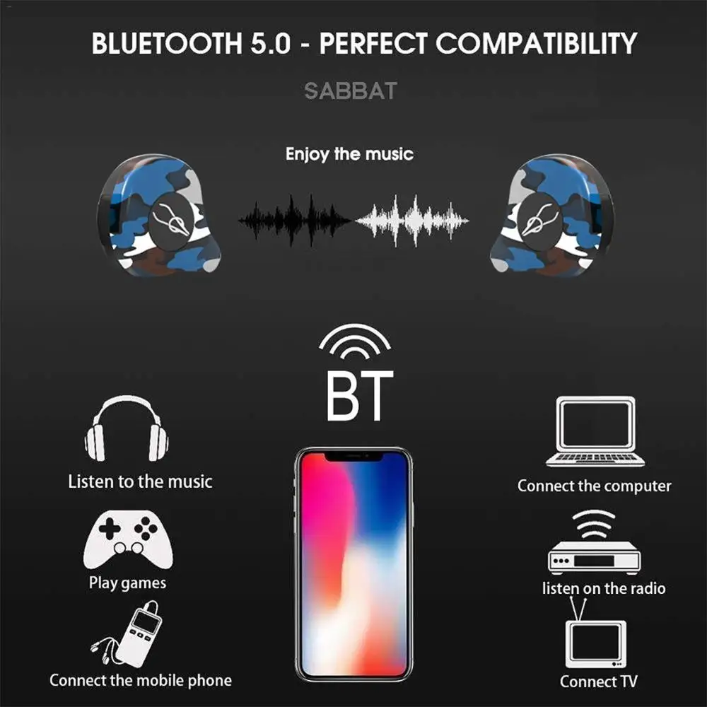 Sabbat X12 Ultra Camouflage Series True Wireless Earphone Qualcomm Bluetooth 5.0 Headset Binaural Stereo HiFi Earbuds |