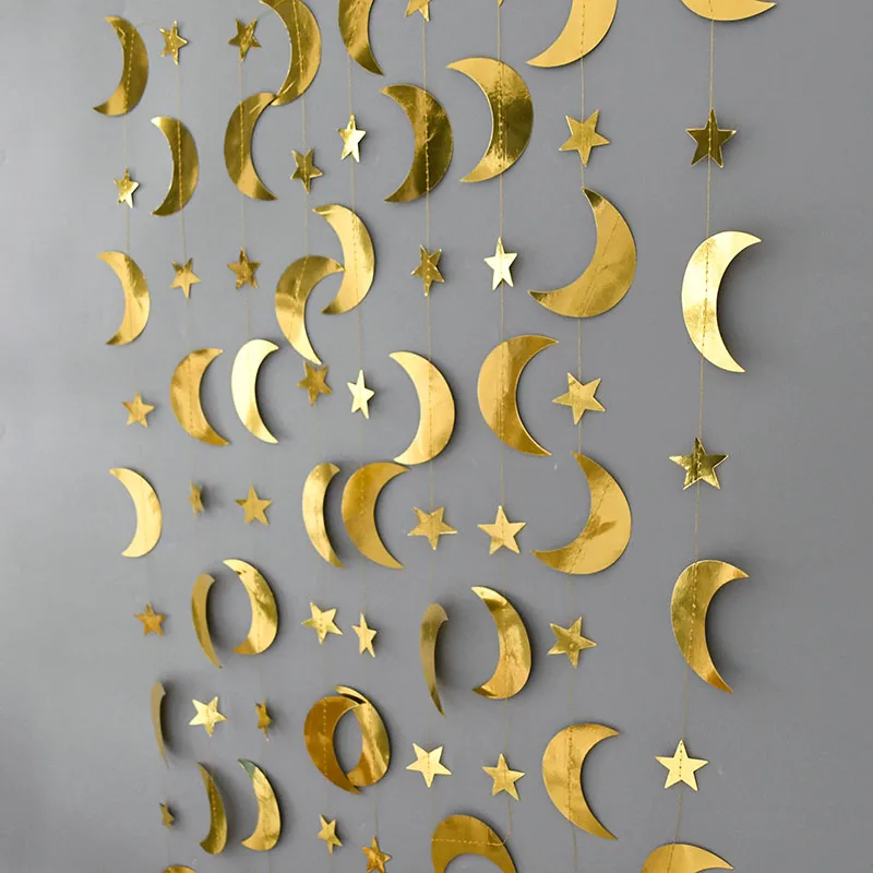 

4 м бумажная Золотая Переливающаяся гирлянда с Луной и звездами, висячий баннер, занавеска для детского душа, украшение на день рождения, свадьбу, вечеринку, фон