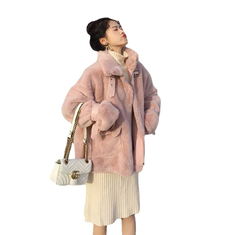 Cool Girl Punk Style Leather 2023 Autumn Winter Motorcycle Suit Imitation Mink Plush Jacket with Leather Buckle and Fur Coat