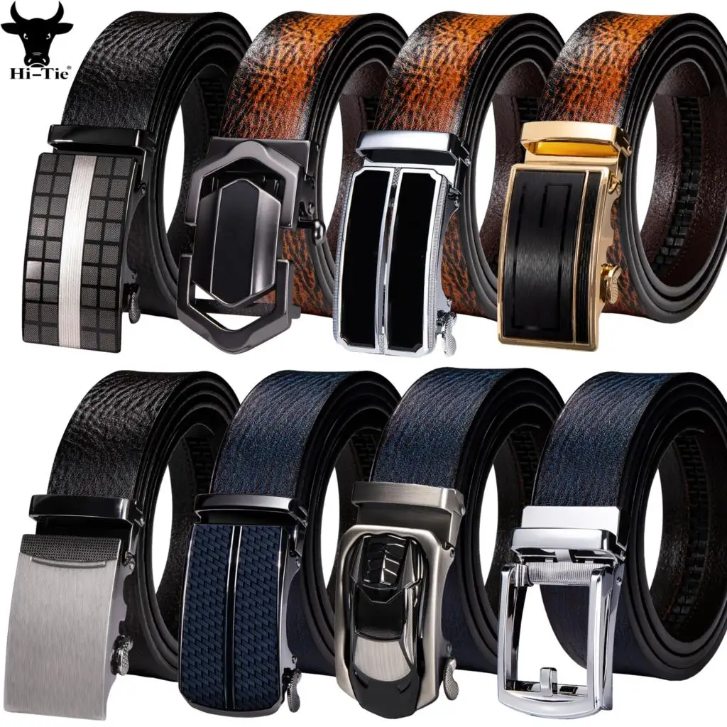 Hi-Tie Brown Blue Tan Mens Belts Genuine Leather Straps Automatic Buckles Ratchet Waistband Dress Jeans Belt for Men Dad Son XXL