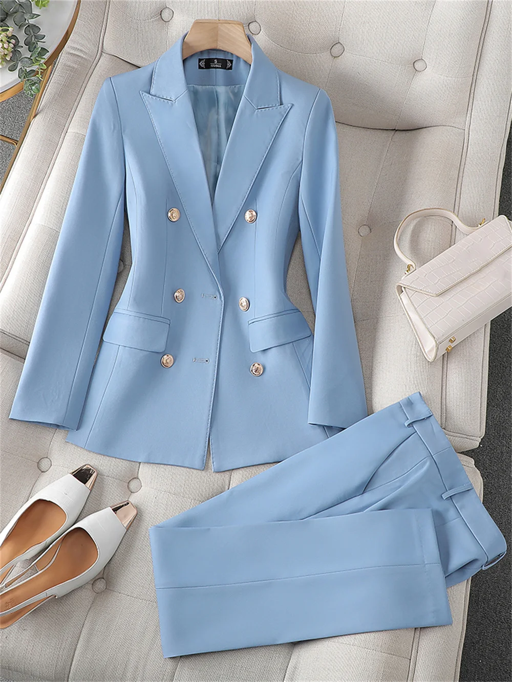 Women Pant Sets 2023 New in Bule Apricot Casual Business Long Sleeve Jacket Ladies Formal 2 Piece Set Blazer Trouser Suits