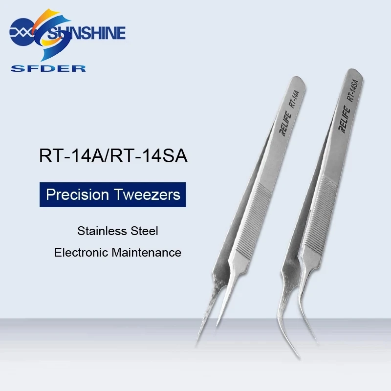 Пинцет для ремонта мобильных телефонов Relife RT-14A RT-14SA с антистатическим и противоскользящим покрытием, высокой прочностью, точным наконечником и возможностью захвата микрочипов.