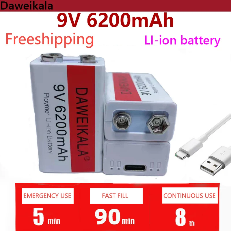 

Fast charging 9v6200mah lithium ion charging battery micro USB battery 9V multimeter microphone toy lithium + USB charging cable