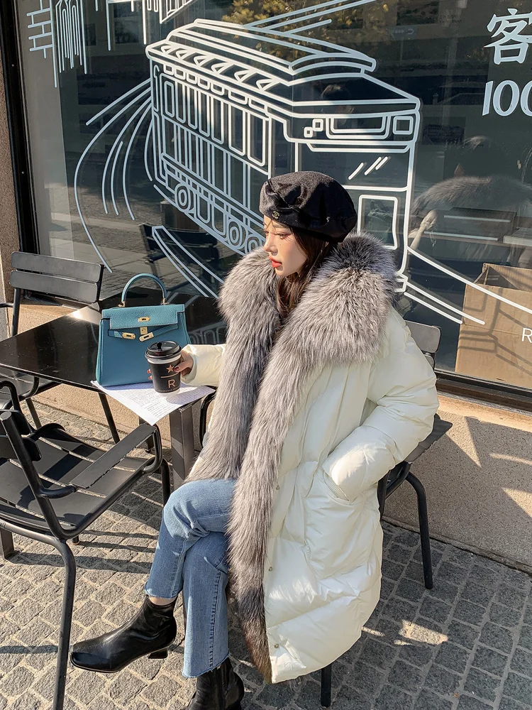Long Winter White Down Jacket Women 2023 Solid Casual Women's Down Coat With Fur Collar Trim Thick Warm Overcoat Female