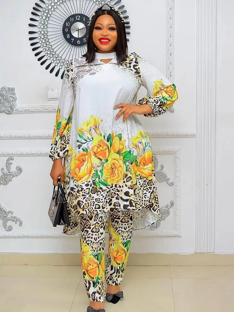 2 Piece Set Plus Size Clothes Women Dashiki African 2023 Summer Chiffon Print Tops Pants Trousers Suits Ankara Party Outfits