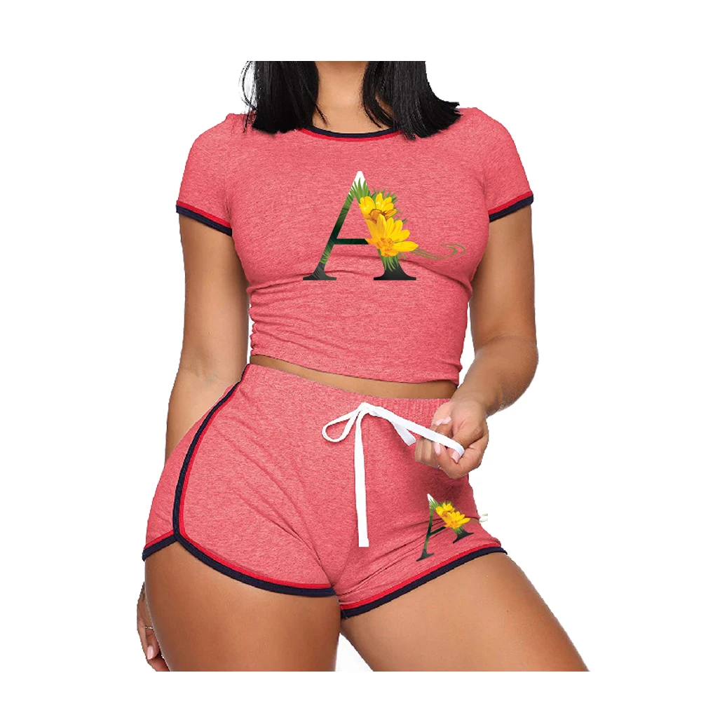 

Summer Women English Alphabet Printed 2 Piece Set Bodycon Short Sleeve Slim Crop Top and Shorts Outfit Sport Clubwear Jumpsuit