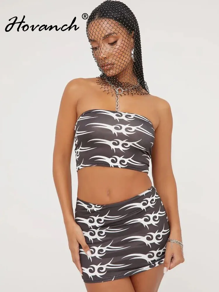 

Hovanch Aesthetic Prints Women's Set Tube Top and Bodycon Mini Skirts Suit 2023 Summer Sexy Two Piece Set Outfits Tracksuits