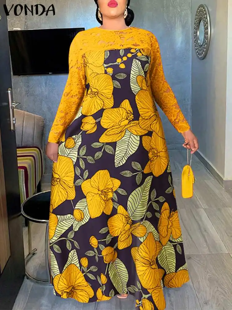 

Женский кружевной сарафан в стиле пэчворк, осеннее платье VONDA 2022, винтажное Макси-платье с длинным рукавом и цветочным принтом, повседневное...