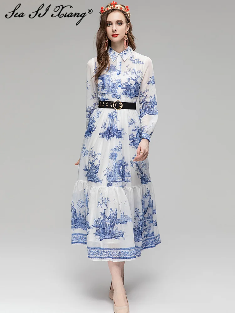 

Женское дизайнерское однобортное платье Seasixiang, длинное летнее платье с отложным воротником и рукавами-фонариками, поясом и винтажным принтом