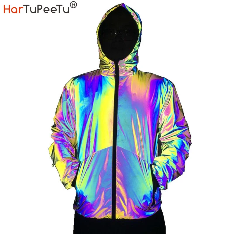 

Rainbow Color Men Reflective Light Jackets Autumn Colourful ded Coat Windbreak Pockets Zip Hip Hop Rock Outwear Drop Shipping