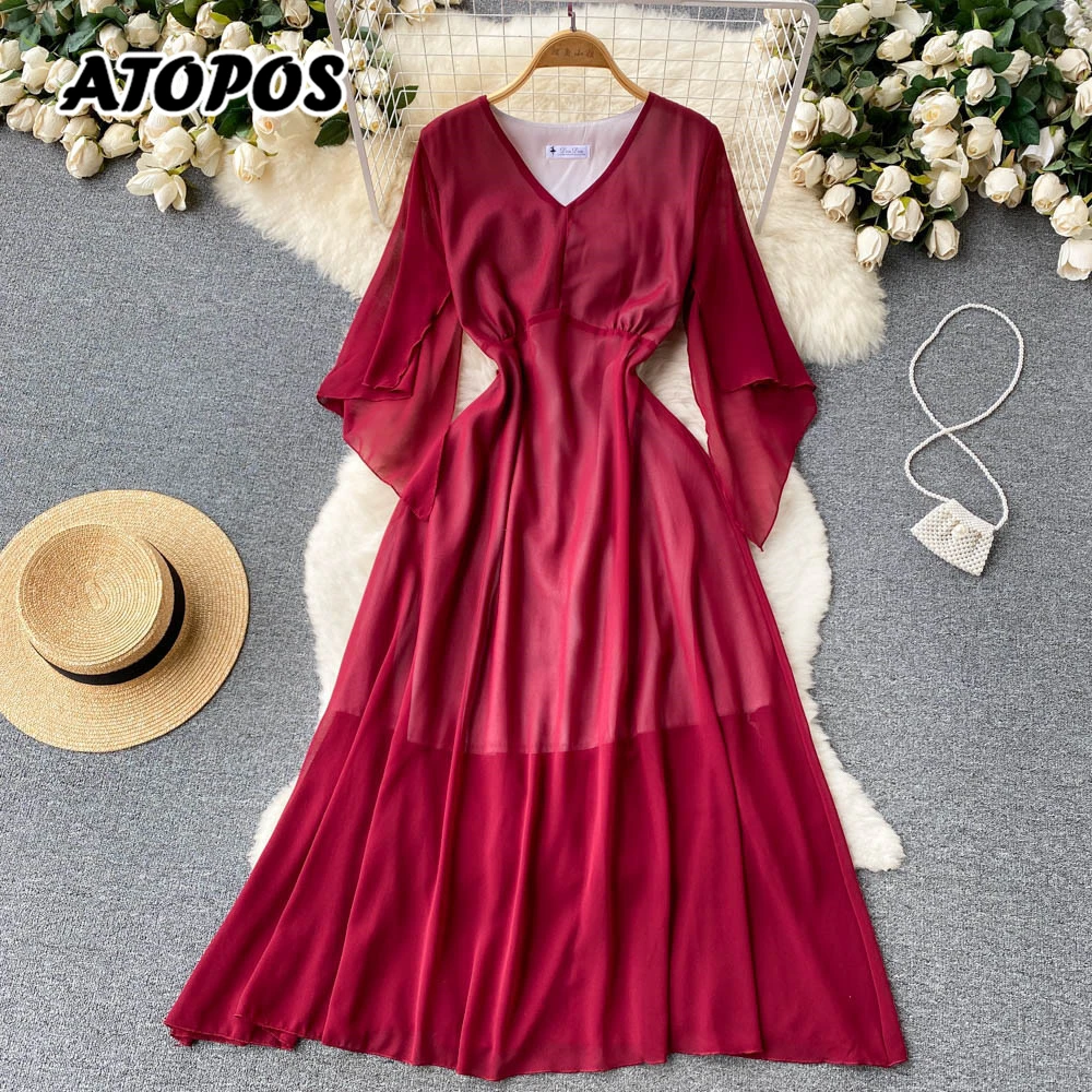 

Atopos Women Fashion Casual Maxi Dress Summer V Neck Flare Sleeve High Waist Dresses Sundress Beach Vestidos Robe Female Clothes