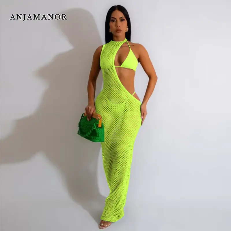 

ANJAMANOR 3 Piece Bikinis Sets with Finenet Mesh Cover Up Dress Neon Green Sexy Summer Vacation Beach Outfits for Women D29-CF27