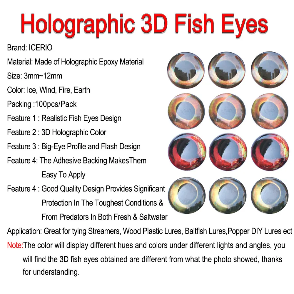 ICERIO 100PCS  Holographic 3D 4D Fish Eyes For Fly Tying Streamer Flies Baitfish Wood Plastic Lures Saltwater Fishing Lures 2