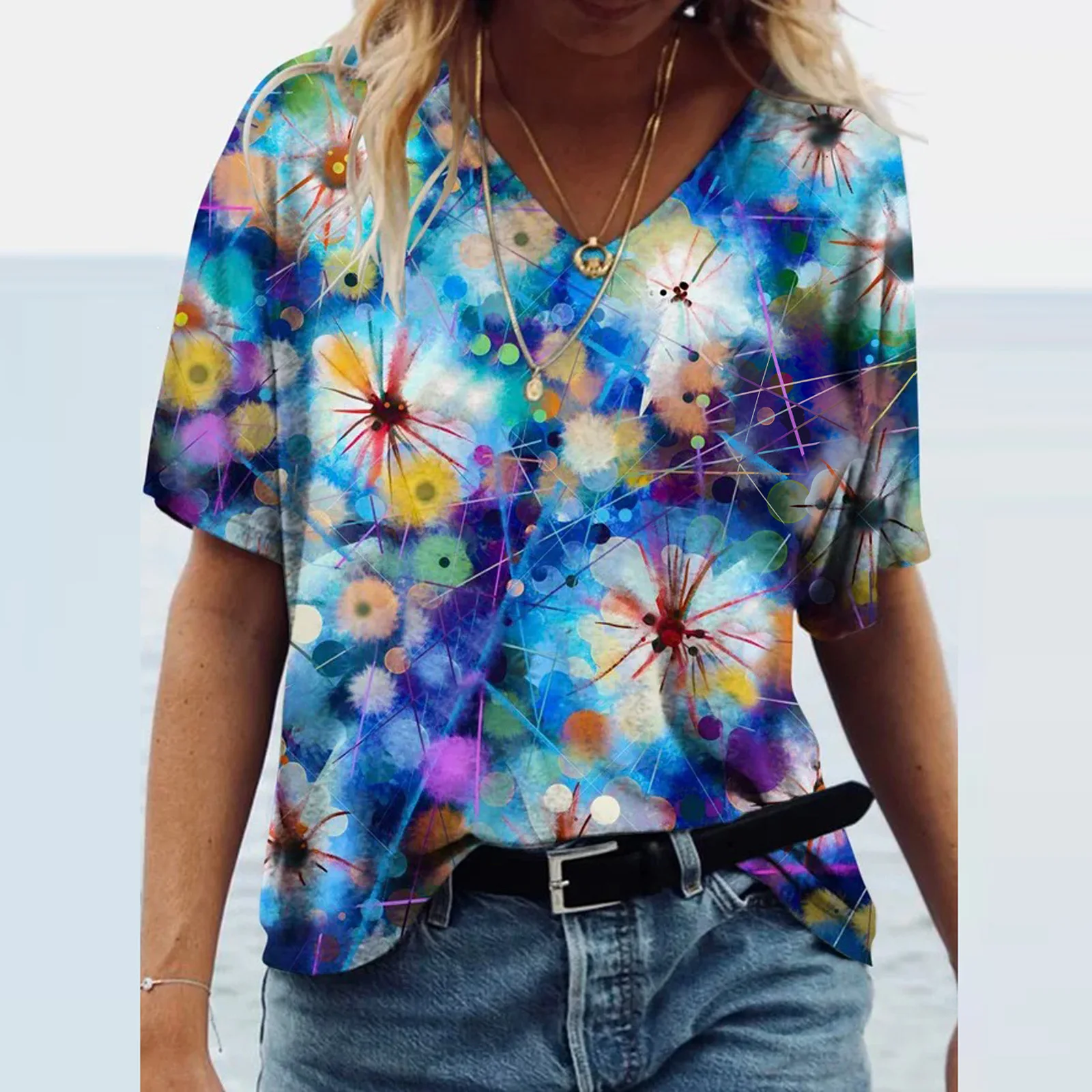

2022 Women Plant Flower Print T-shirt Casual Fashion Streetwear Loose Short Sleeve V-Neck Tops Female Tops