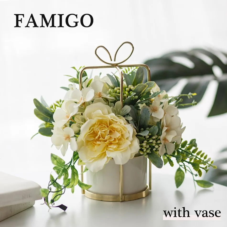 

Nordic Style Fake Flower Rose Hydrangea Carnation Pink Peony Mixed Bonsai Potted Home Wedding Decoration Set Ceramic Golden Vase