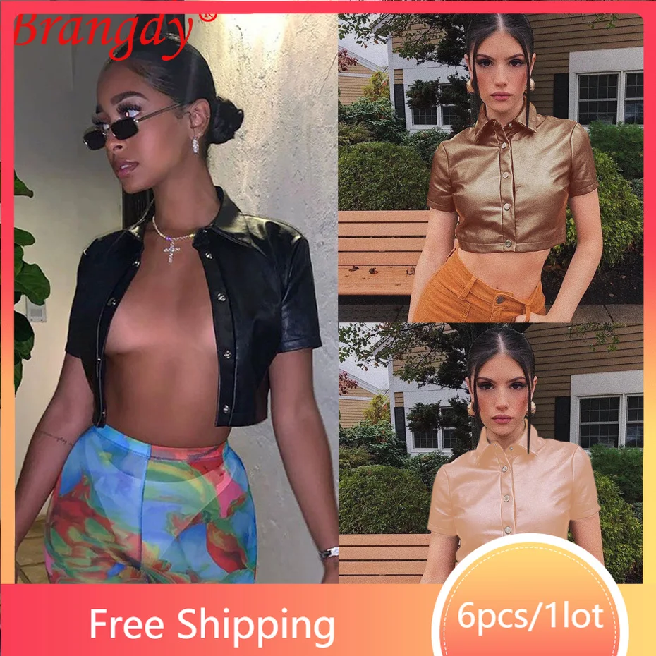 

Женская однобортная укороченная футболка с коротким рукавом, из ПУ кожи