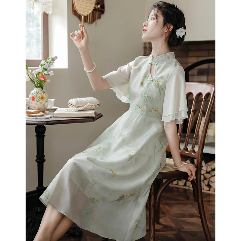 

Новинка 2023, модная женская одежда, платье в китайском стиле с пряжкой, художественные платья-Ципао с рукавами-фонариками