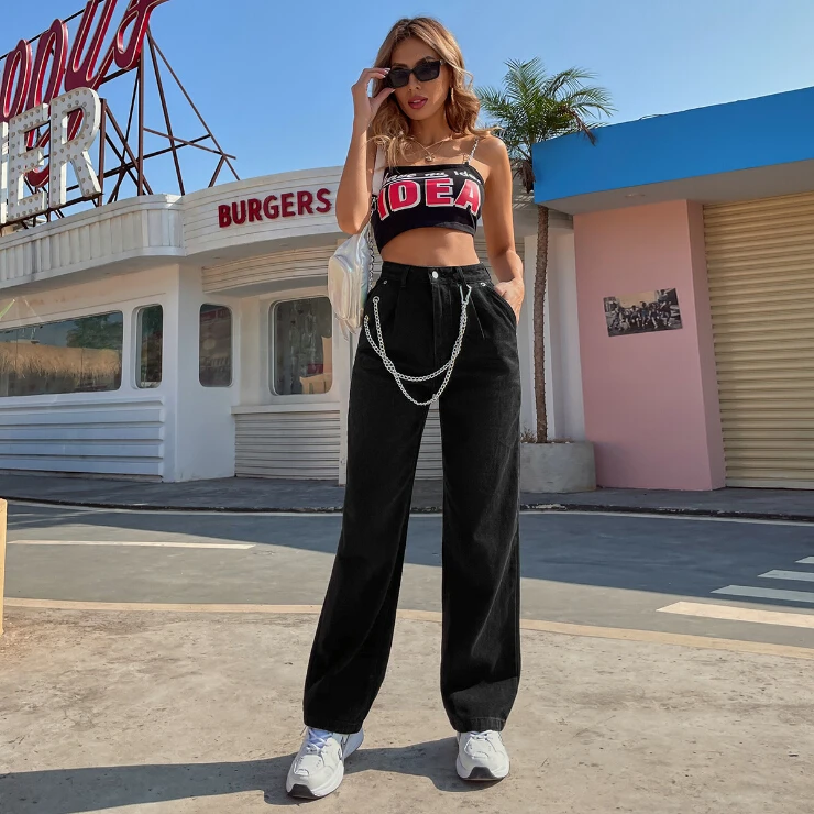 

2021 Fashion Women Solid Color Wide Leg Jeans Loose Vintage High Waisted Harajuku Straight-leg Pants with Chain Pocket