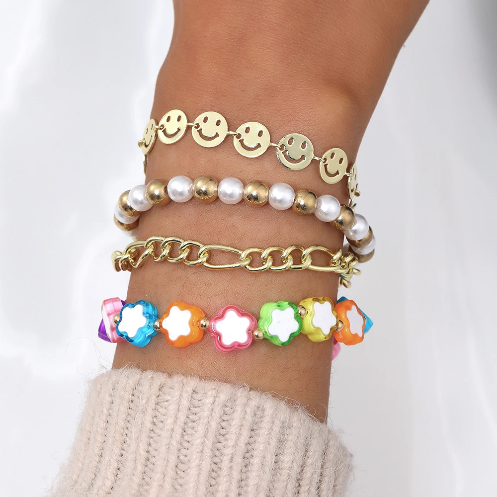 

Boho Mix Color Star Happy Smiley Face Natural Stone Beads Pearls Handmade Women Bracelet Women Summer Beach Jewelry 4pcs/set