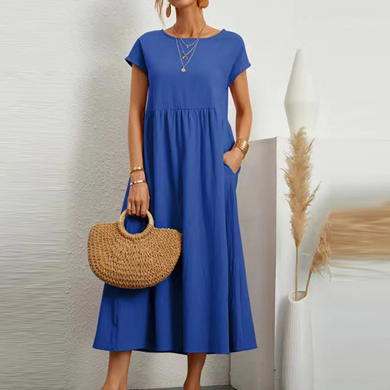 

Women Elegant Solid Maxi Dress Summer Short Sleeve O Neck Vintage Harajuku Cotton Linen Loose Sundress Y2K Pockets Long Dress