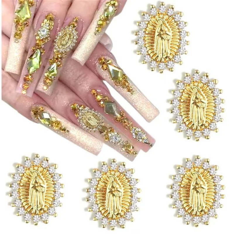 

10pcs San Judas 3D Nail Charms Multi Colors Virgin Mary Nail Art Luxury Diamond Metal Manicure Decorat Jewelry Nails Accessories
