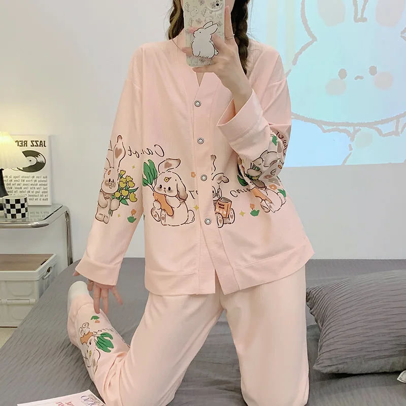 Womens 2 Piece Pajamas Set Long Sleeve Pyjama Autumn Cotton Soft Trousers Suit Femme Pyjamas Set Pjs Mujer Pijama Sleepwear