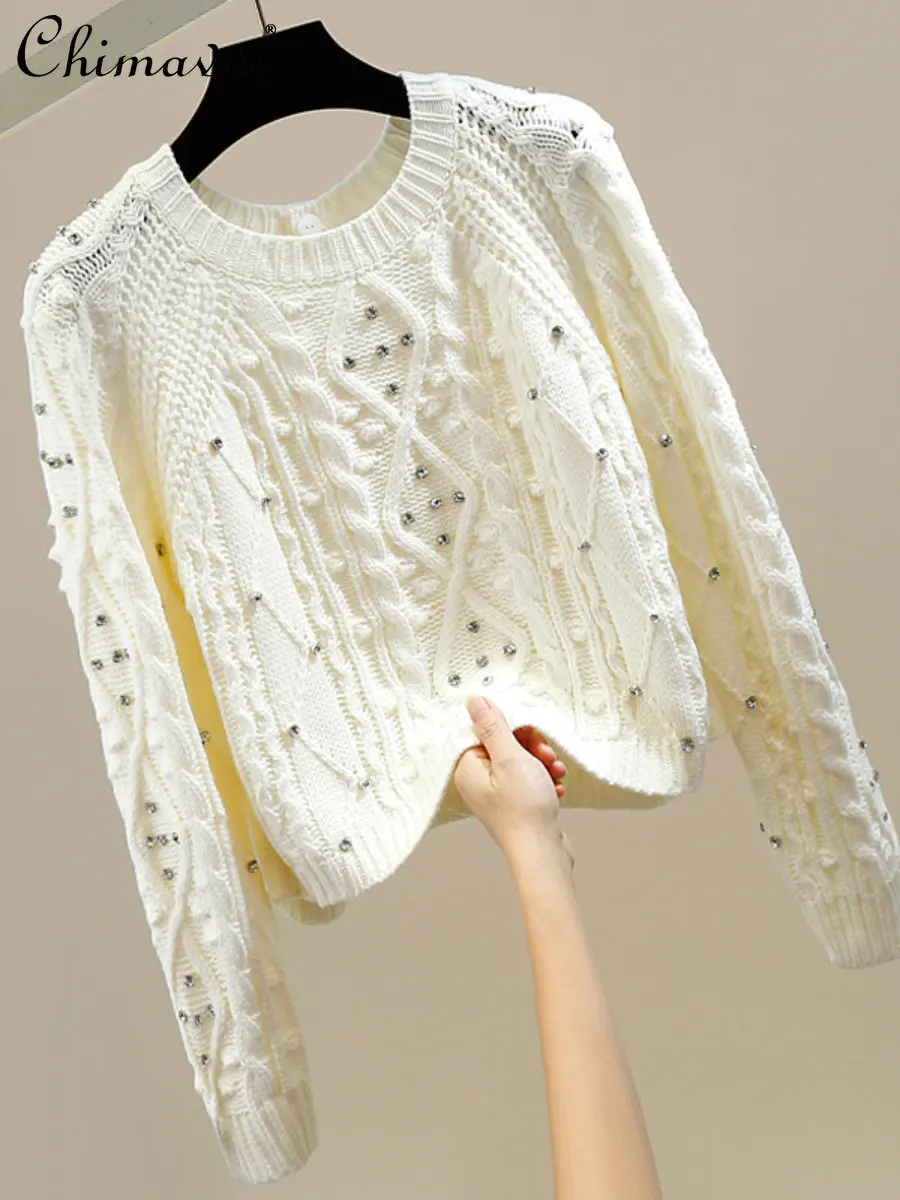 

Exquisite Rhinestone Back Single-Breasted Design Round Neck Sweater Hollow-out Elegant Versatile Long Sleeve Women's Tops