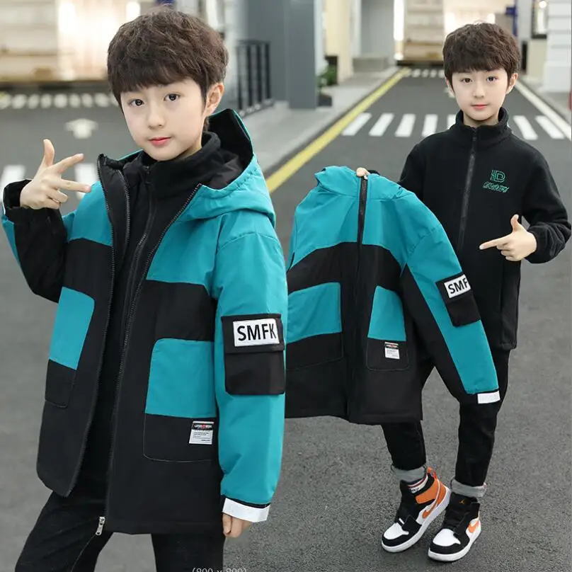 

Autumn 5-16Y Boys Cotton-padded Coat Detachable Three-in-one Thick Hooded Winter Warm Teenage Sport Jacket For Children Clothes