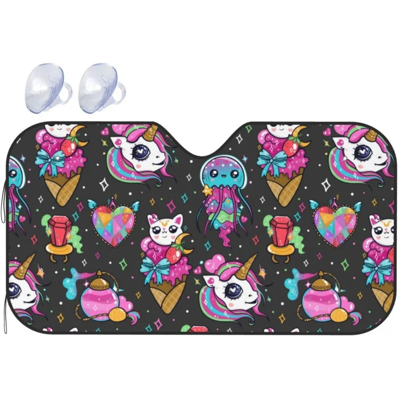 

Rainbow Unicorn and Cat Icecream Car Windshield Sunshade Front Sun Shade Sun Foldable Sun Shield Sun Visor for Car Auto