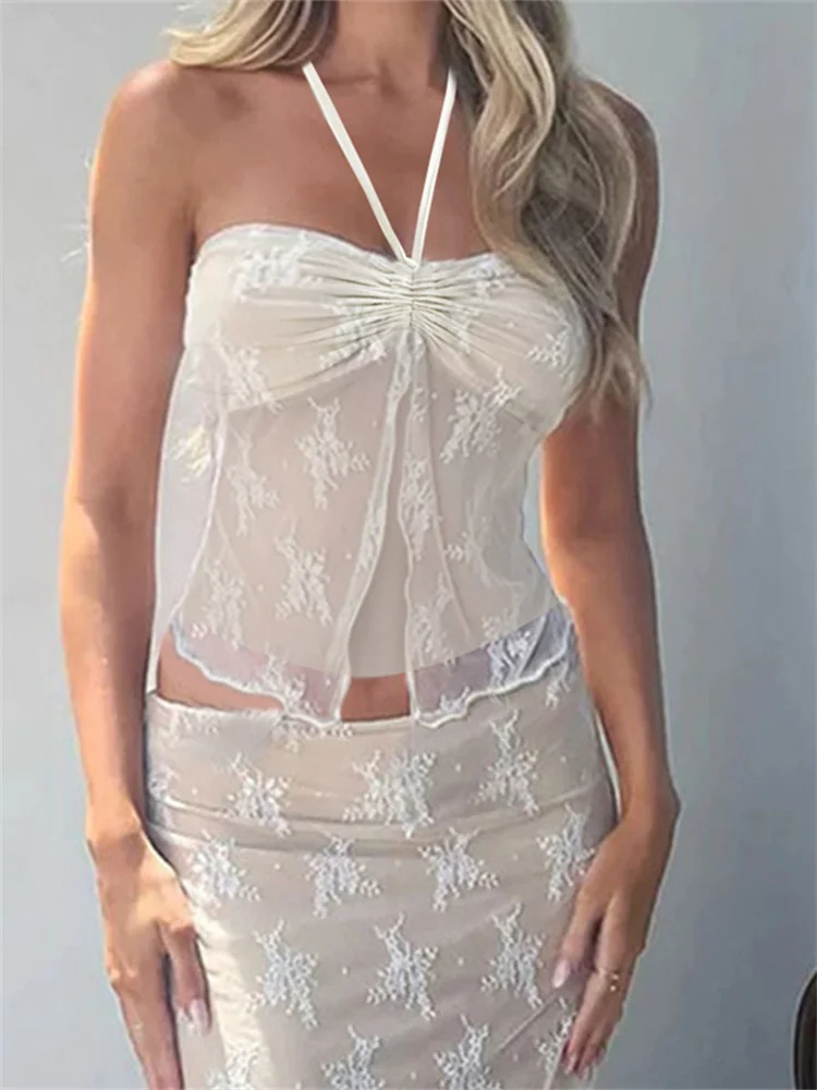 

CHRONSTYLE Lace Halter Tie-up Bustiers Corsets Off Shoulder Tube Tops Party Clubwear Mesh See Through Tank Summer Mini Vest 2023